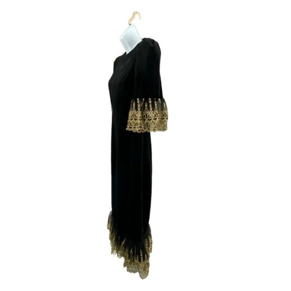 NEW Pomander Place Black Velvet Lillith Gold Embroidered Lace Maxi Dress Size M - Picture 8 of 14